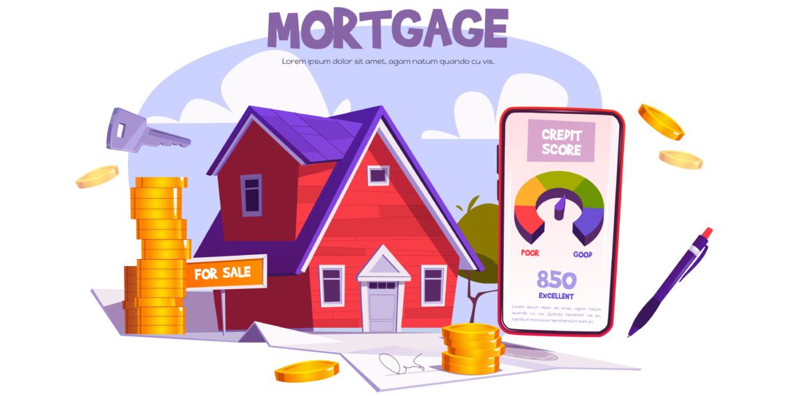 Mortgage, loan for home purchase. Mobile application with credit score for property buy or build. Vector cartoon illustration of house, keys, financial contract, money and smartphone
