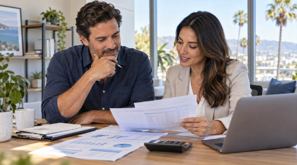 Professional accountant reviewing financial documents for California business bookkeeping and tax services