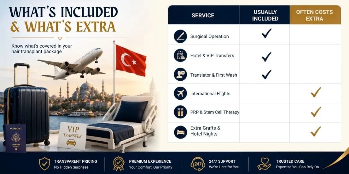 Business professional reviewing hair restoration travel plans on laptop with passport and medical documents nearby
