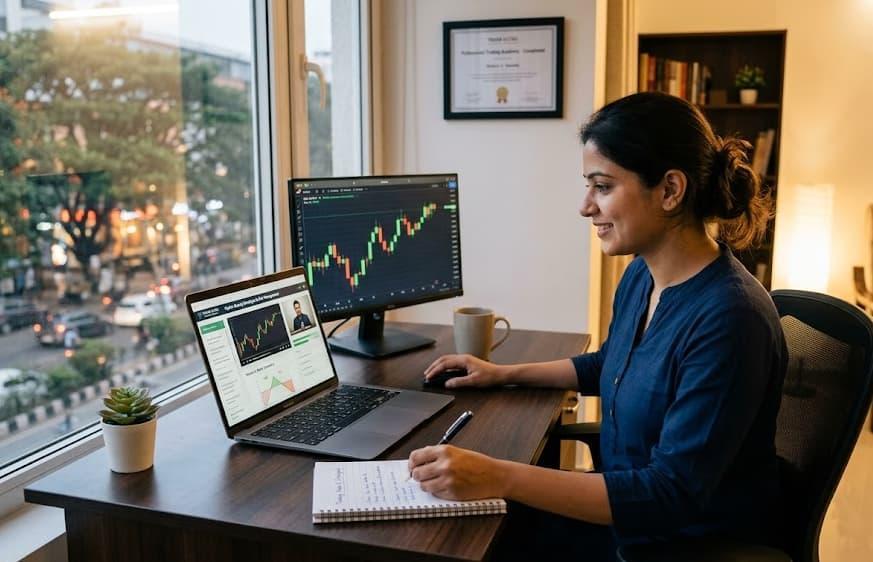 Trader writing break-even calculations in a notebook in front of screens showing trading charts