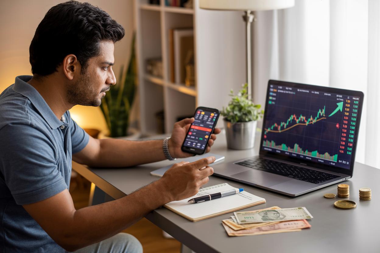 Trader holding a smartphone with a trading app, laptop with candlestick charts and Indian currency notes on the desk